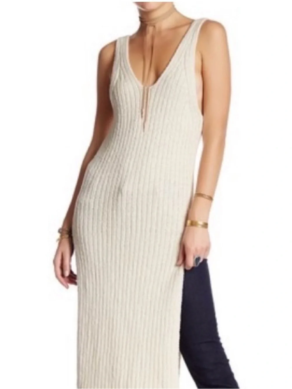 Free People Cream Ribbed Midi Tank Sweater Dress